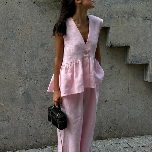 Ladies Casual V Neck Sleeveless Top with Pants 2pc Sets Summer High Street Pocket Loose Outfit Elegant Button Solid Color Suit