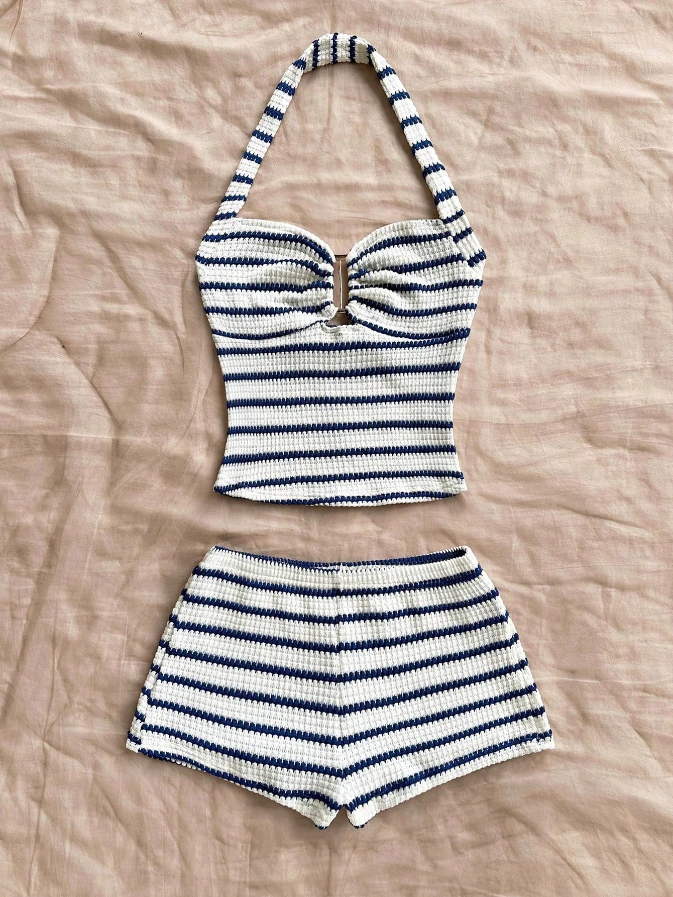Women's Summer Striped Ruffled Back Top & Shorts Casual Set