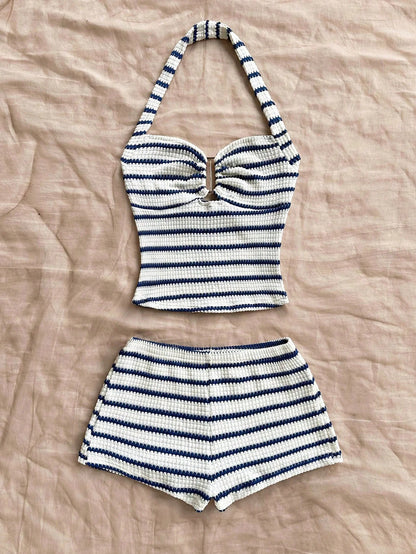 Women's Summer Striped Ruffled Back Top & Shorts Casual Set