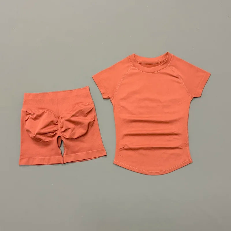 2Pcs Women Fitness Set Short Sleeve Low Ribbed Waist Shorts Ruched Butt Lifting Quick Dry Breathable Stretch Gym Workout Set
