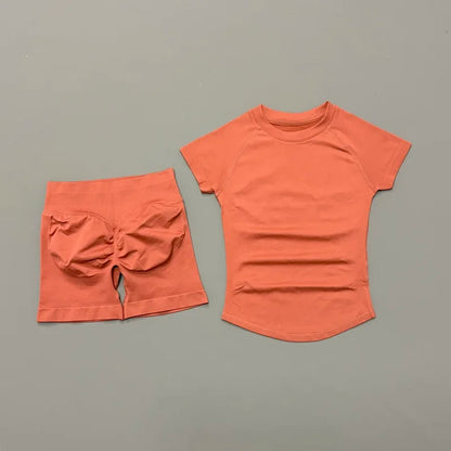 2Pcs Women Fitness Set Short Sleeve Low Ribbed Waist Shorts Ruched Butt Lifting Quick Dry Breathable Stretch Gym Workout Set