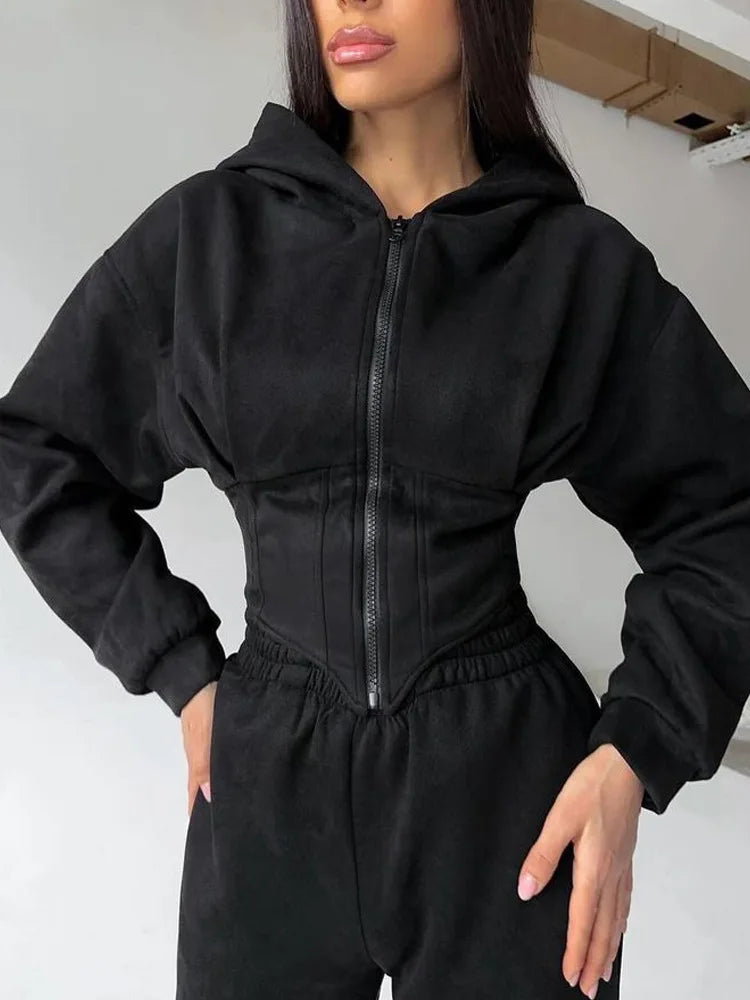 Zekye Women's Autumn Solid Color Waist-Cinched Hooded Sweatshirt Long Pants 2-Piece Sporty Casual Set Women's Tracksuit Elegant