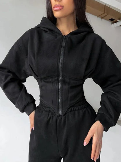 Zekye Women's Autumn Solid Color Waist-Cinched Hooded Sweatshirt Long Pants 2-Piece Sporty Casual Set Women's Tracksuit Elegant