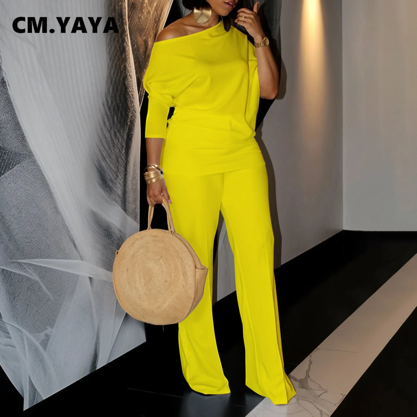CM.YAYA Women's Set Full Sleeve Skew collar T-shirt + Wide Leg Pants Suit 2024 Fall Winter Fitness Two 2 Piece Sets Outfits