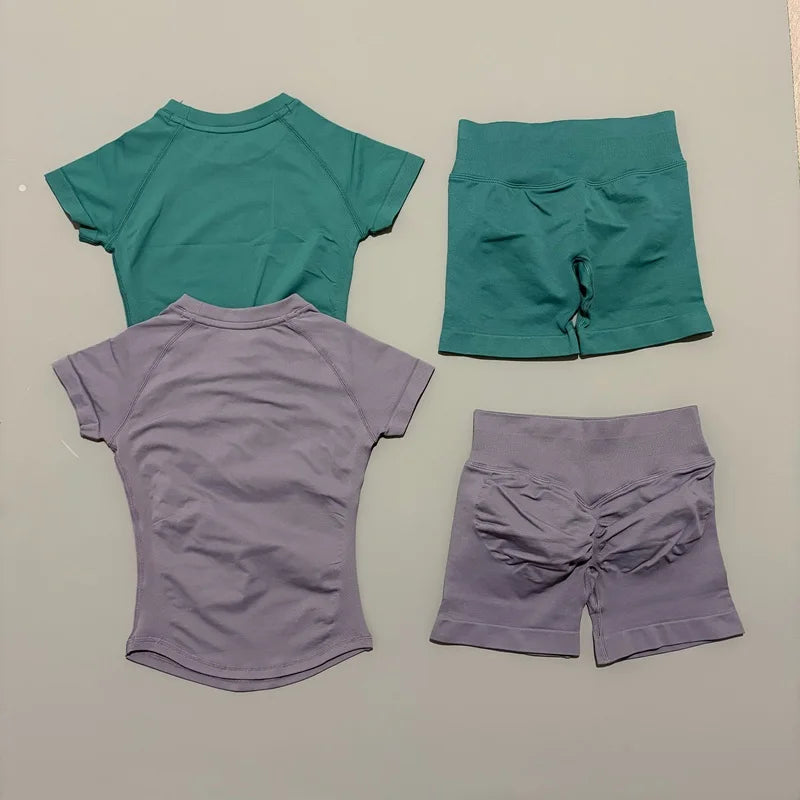 2Pcs Women Fitness Set Short Sleeve Low Ribbed Waist Shorts Ruched Butt Lifting Quick Dry Breathable Stretch Gym Workout Set