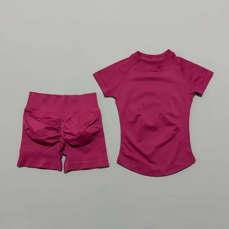 2Pcs Women Fitness Set Short Sleeve Low Ribbed Waist Shorts Ruched Butt Lifting Quick Dry Breathable Stretch Gym Workout Set