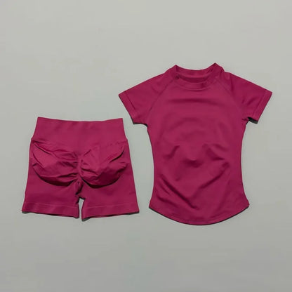 2Pcs Women Fitness Set Short Sleeve Low Ribbed Waist Shorts Ruched Butt Lifting Quick Dry Breathable Stretch Gym Workout Set