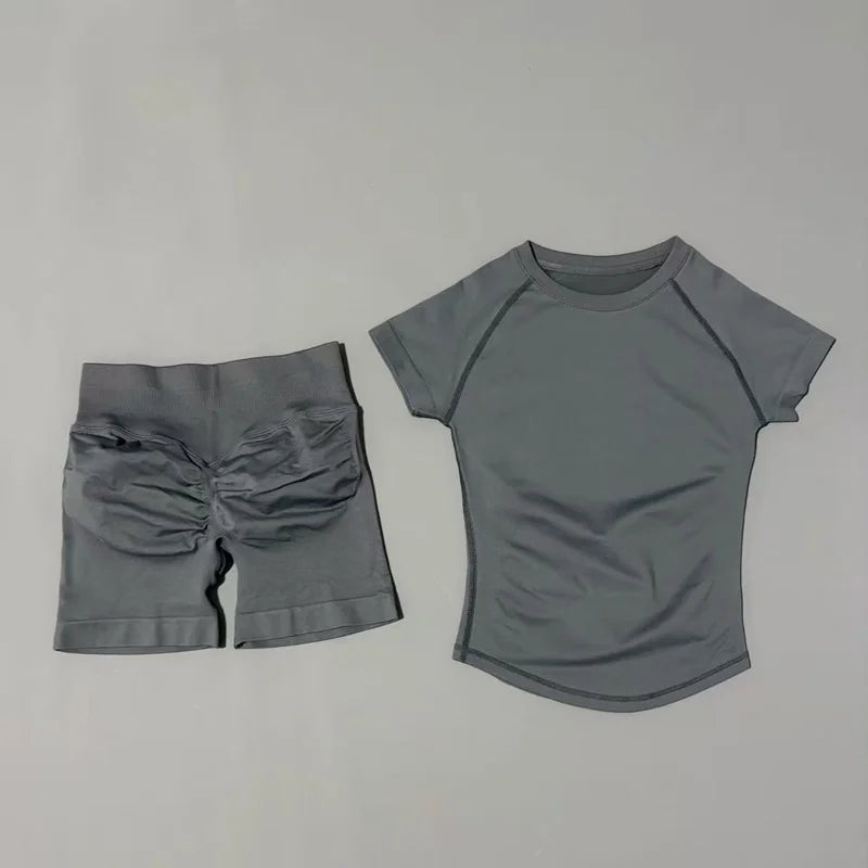 2Pcs Women Fitness Set Short Sleeve Low Ribbed Waist Shorts Ruched Butt Lifting Quick Dry Breathable Stretch Gym Workout Set
