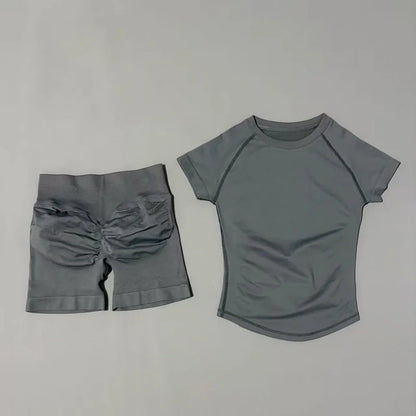 2Pcs Women Fitness Set Short Sleeve Low Ribbed Waist Shorts Ruched Butt Lifting Quick Dry Breathable Stretch Gym Workout Set