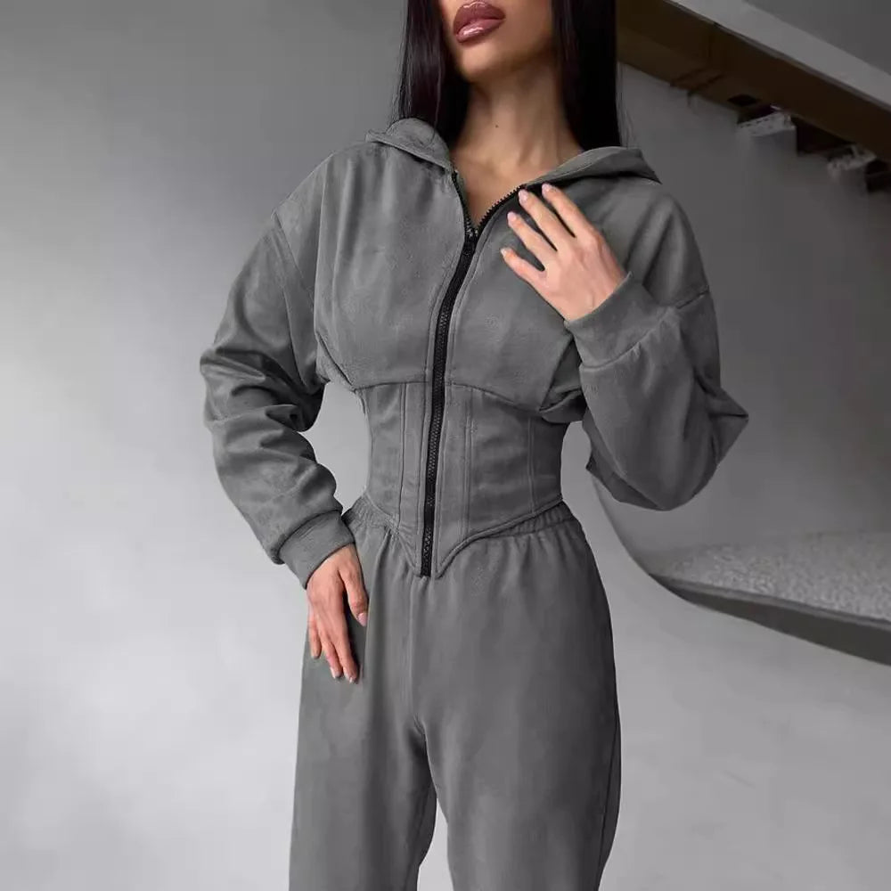Zekye Women's Autumn Solid Color Waist-Cinched Hooded Sweatshirt Long Pants 2-Piece Sporty Casual Set Women's Tracksuit Elegant