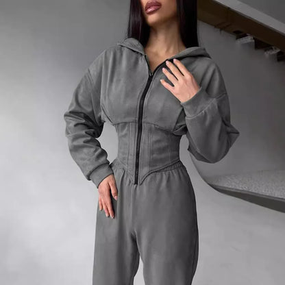 Zekye Women's Autumn Solid Color Waist-Cinched Hooded Sweatshirt Long Pants 2-Piece Sporty Casual Set Women's Tracksuit Elegant