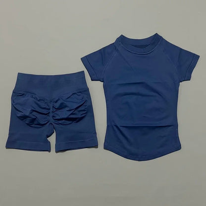 2Pcs Women Fitness Set Short Sleeve Low Ribbed Waist Shorts Ruched Butt Lifting Quick Dry Breathable Stretch Gym Workout Set