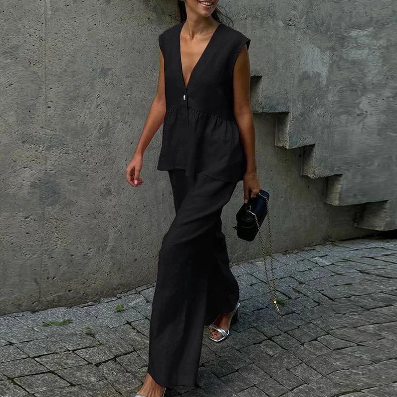 Ladies Casual V Neck Sleeveless Top with Pants 2pc Sets Summer High Street Pocket Loose Outfit Elegant Button Solid Color Suit