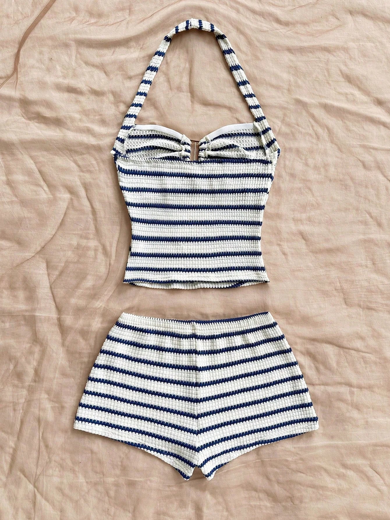 Women's Summer Striped Ruffled Back Top & Shorts Casual Set