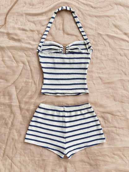 Women's Summer Striped Ruffled Back Top & Shorts Casual Set