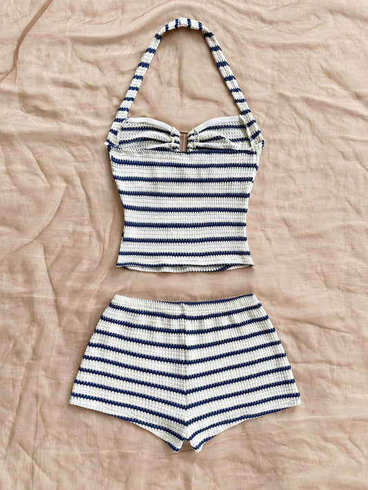 Women's Summer Striped Ruffled Back Top & Shorts Casual Set
