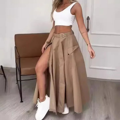 Women's Elegant Two-Piece Set 2024 Spring Summer New Sleeveless Fashion Casual Vest Solid Slit Belt Skirt Two-Piece Set Outfits